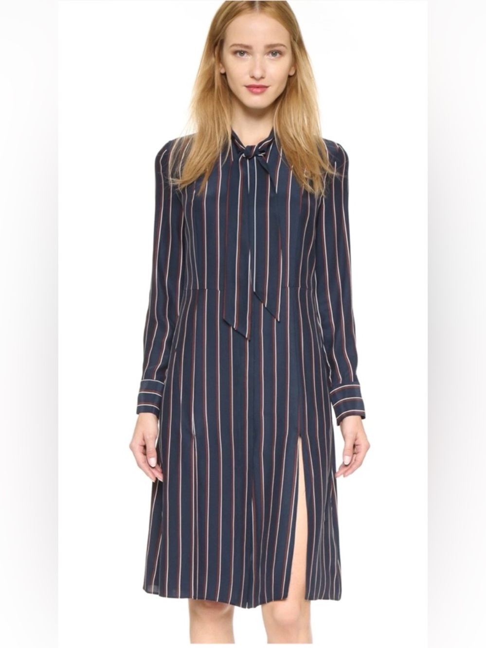 FRAME Le Bow Tie Silk Shirt Dress Navy Vintage Stripe - 100% Silk Midi